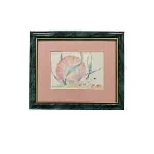 Watercolor Print Marcy Chapman Abalone Shell in Pastels 1993 Green Marbled Frame